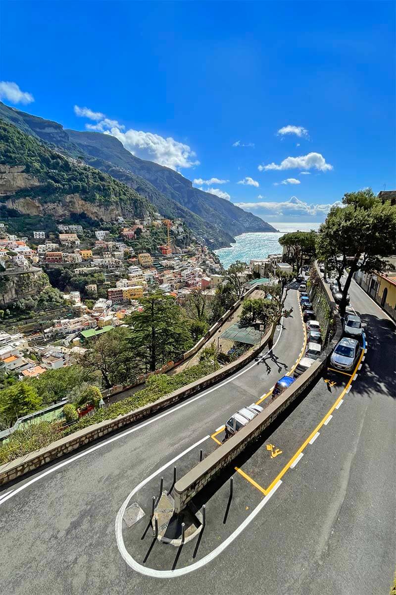Narrow winding road in Positano on the Amalfi Coast in Italy