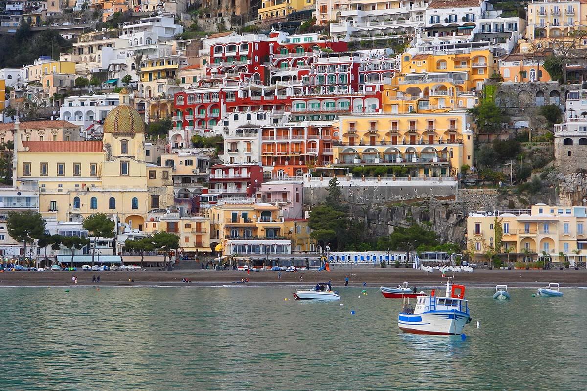 Positano town on Amalfi Coast as seen from a boat