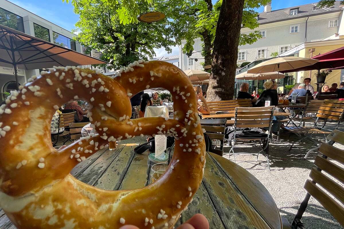 Pretzel at Sternbräu beer garden in Salzburg