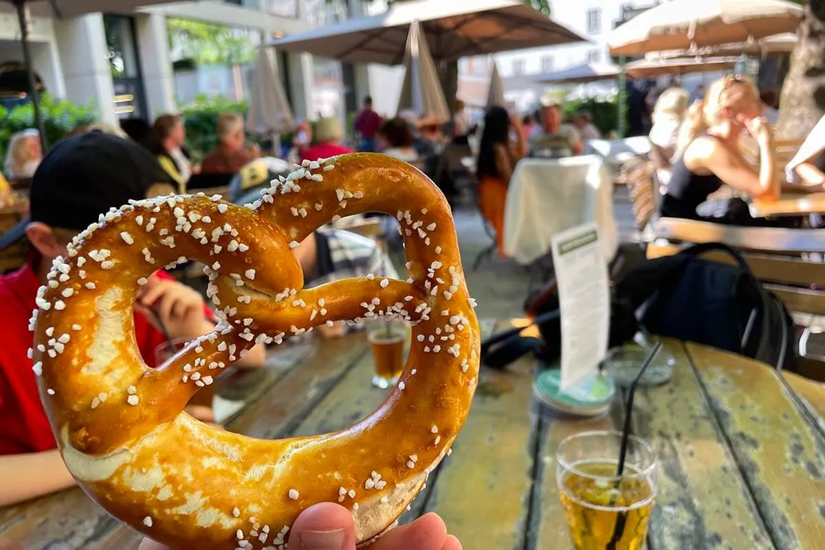 Pretzel at the traditional beer garden Sternbrau in Salzburg