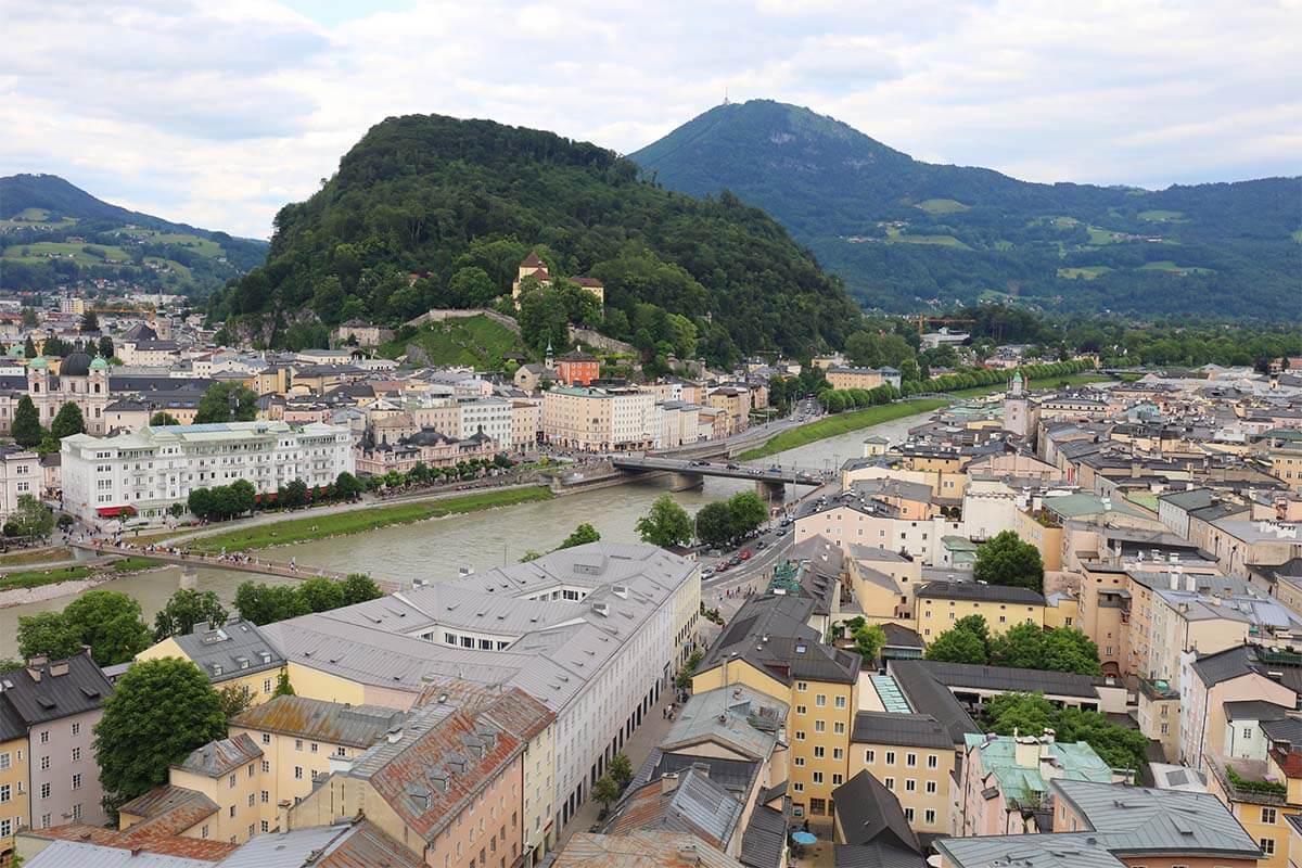 Salzburg city and river views from Mönchsberg terracce