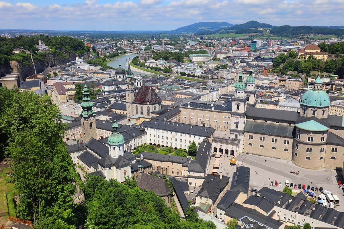 Salzburg city view from the Panorama Terrace at Hohensalzburg Fortress