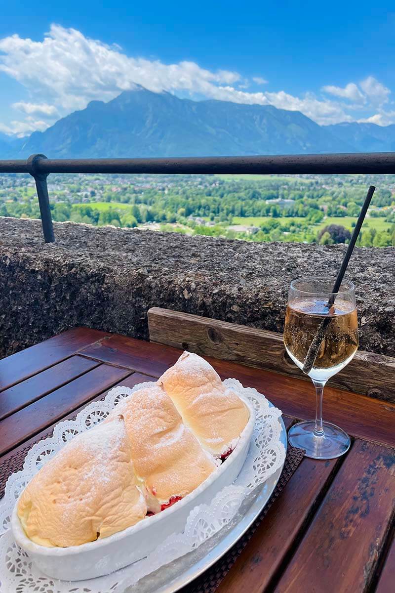 Salzburger nockerln traditional dessert at a panoramic restaurant at Hohensalzburg Fortress in Salzburg