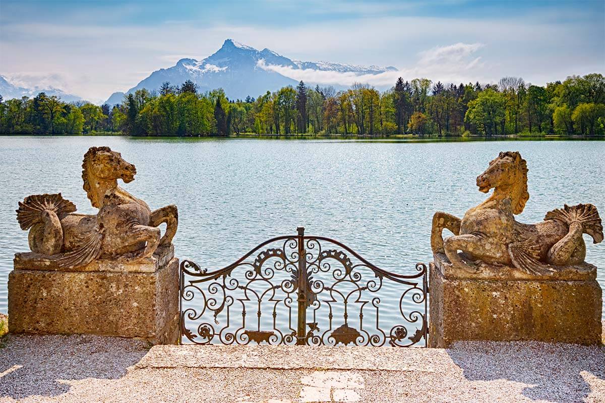 Schloss Leopoldskron lake and horse statues - Sound of Music locations in Salzburg