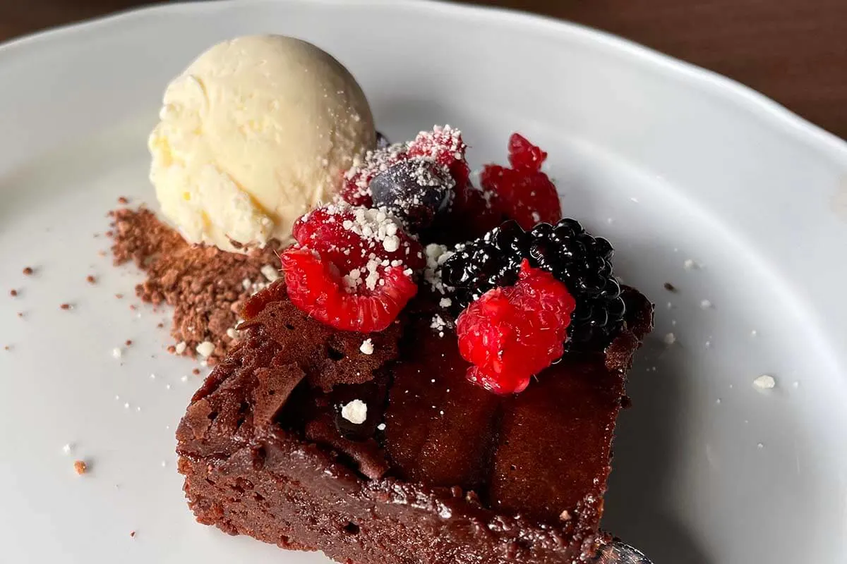 Chocolade cake at Mefjord Brygge restaurant in Senja, Norway