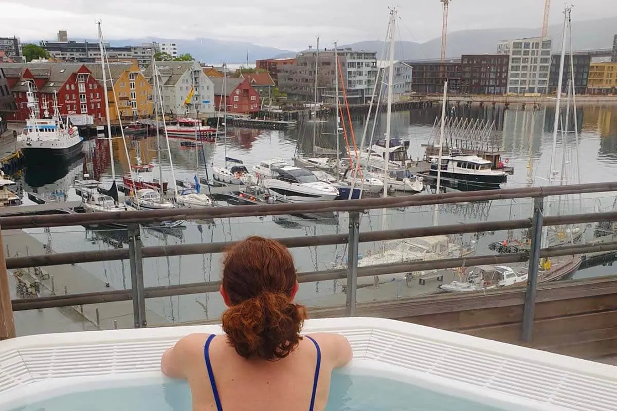 Clarion Hotel Aurora rooftop hot tub with a view of Tromso Harbor