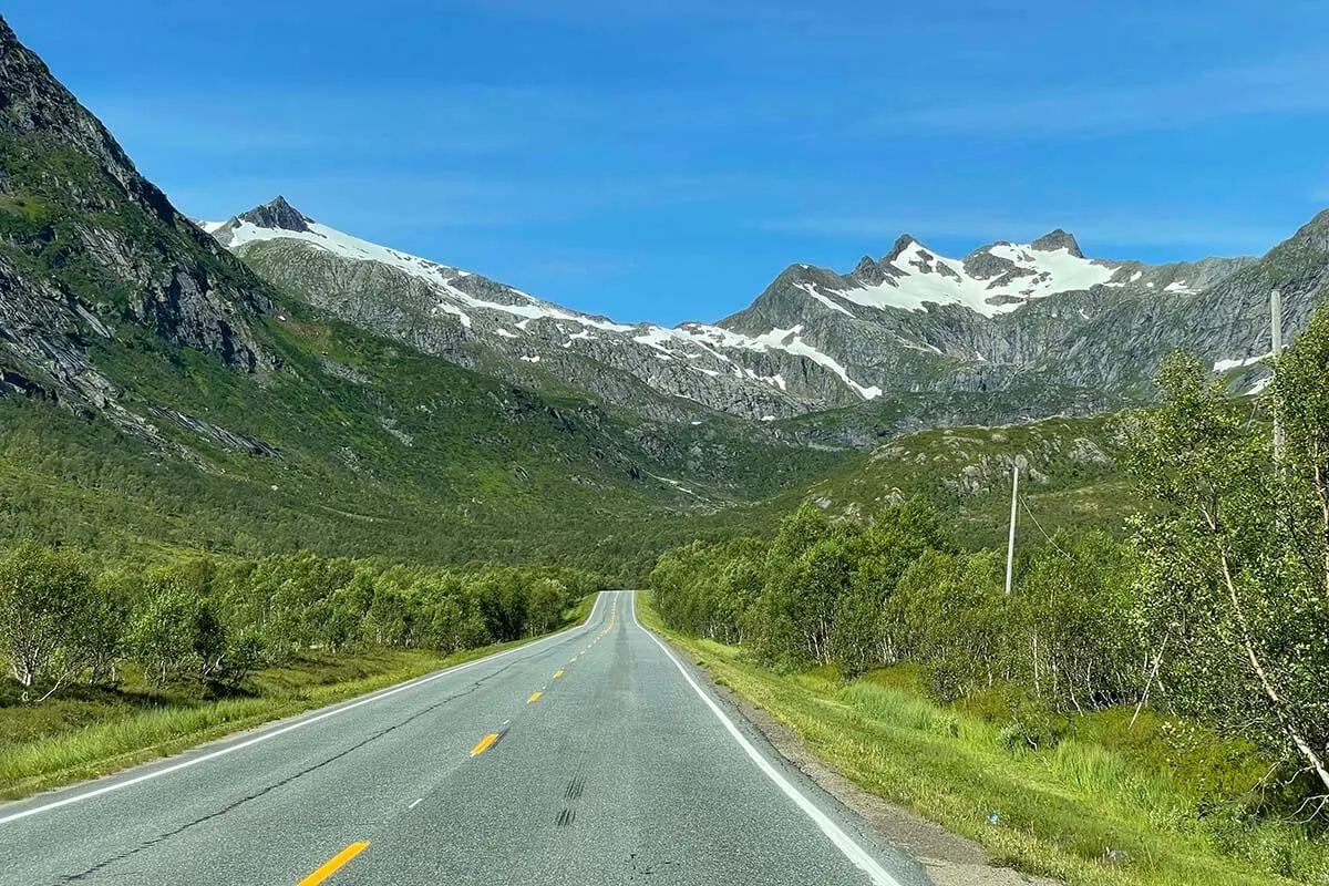 Driving on the road between Lofoten and Vesteralen in Northern Norway