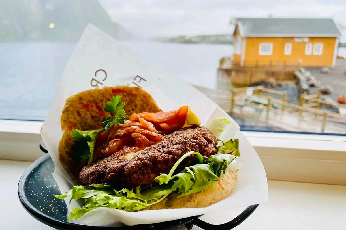 Fish burger at Anita's Seafood restaurant in Lofoten, Norway