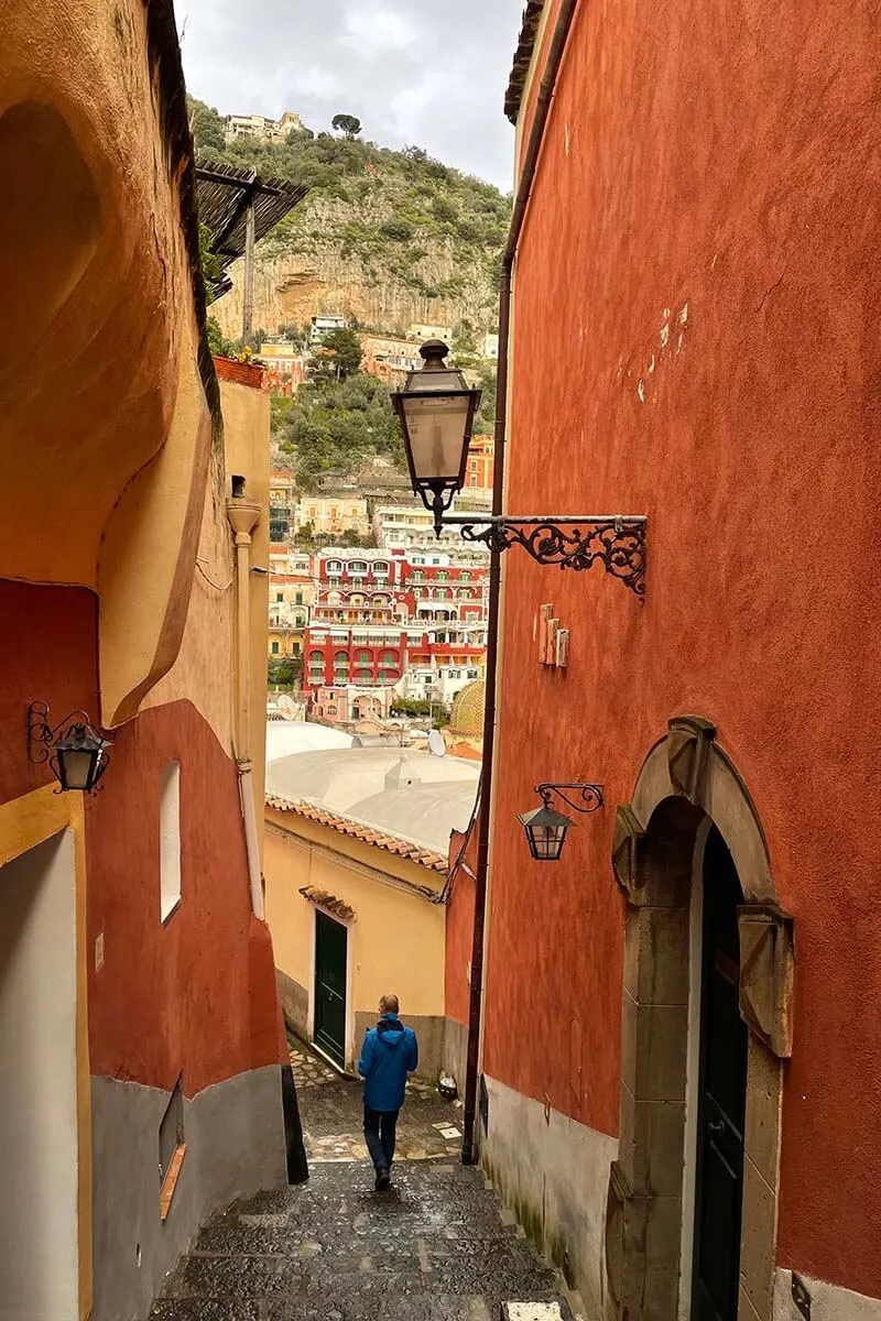 Narrow alley and stairs in Positano town on the Amalfi Coast