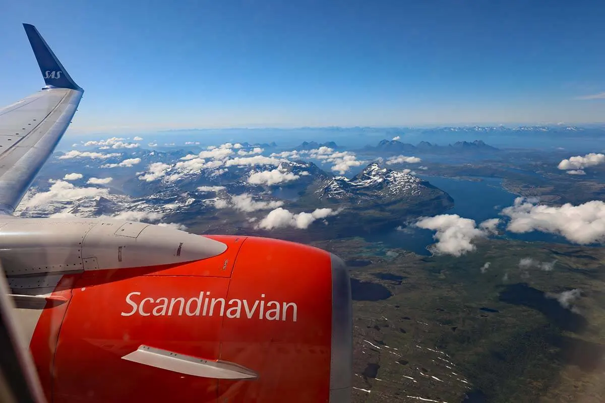 Lofoten islands in Northern Norway as seen from an airplane window.