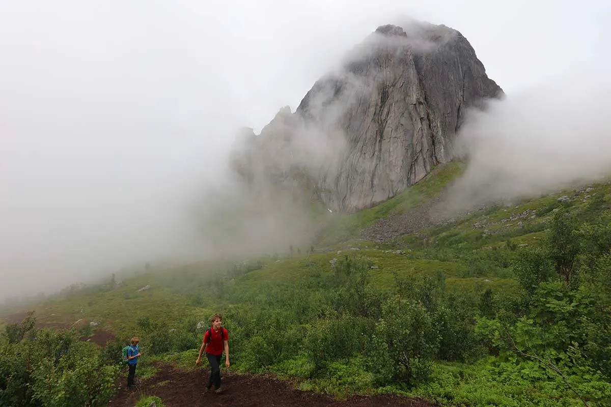 Segla mountain view in the mist from Hesten hike in Senja, Norway