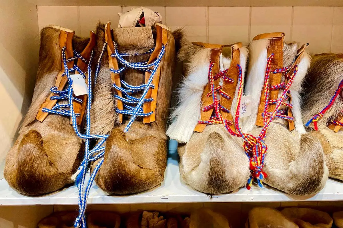 Traditional Sami shoes for sale at a souvenir shop in Northern Norway