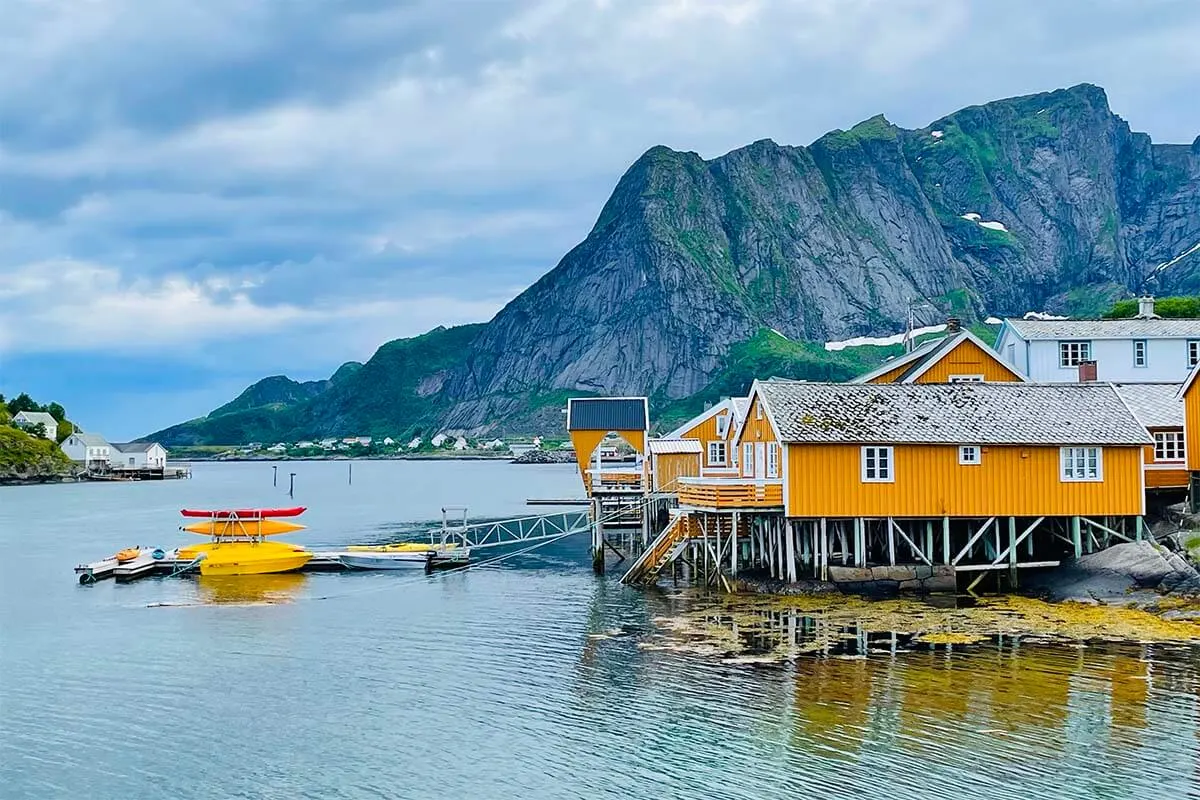 Yellow cabins on Sakrisoya island in Lofoten