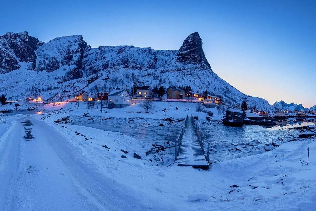 Icy streets and walkways in Lofoten in winter