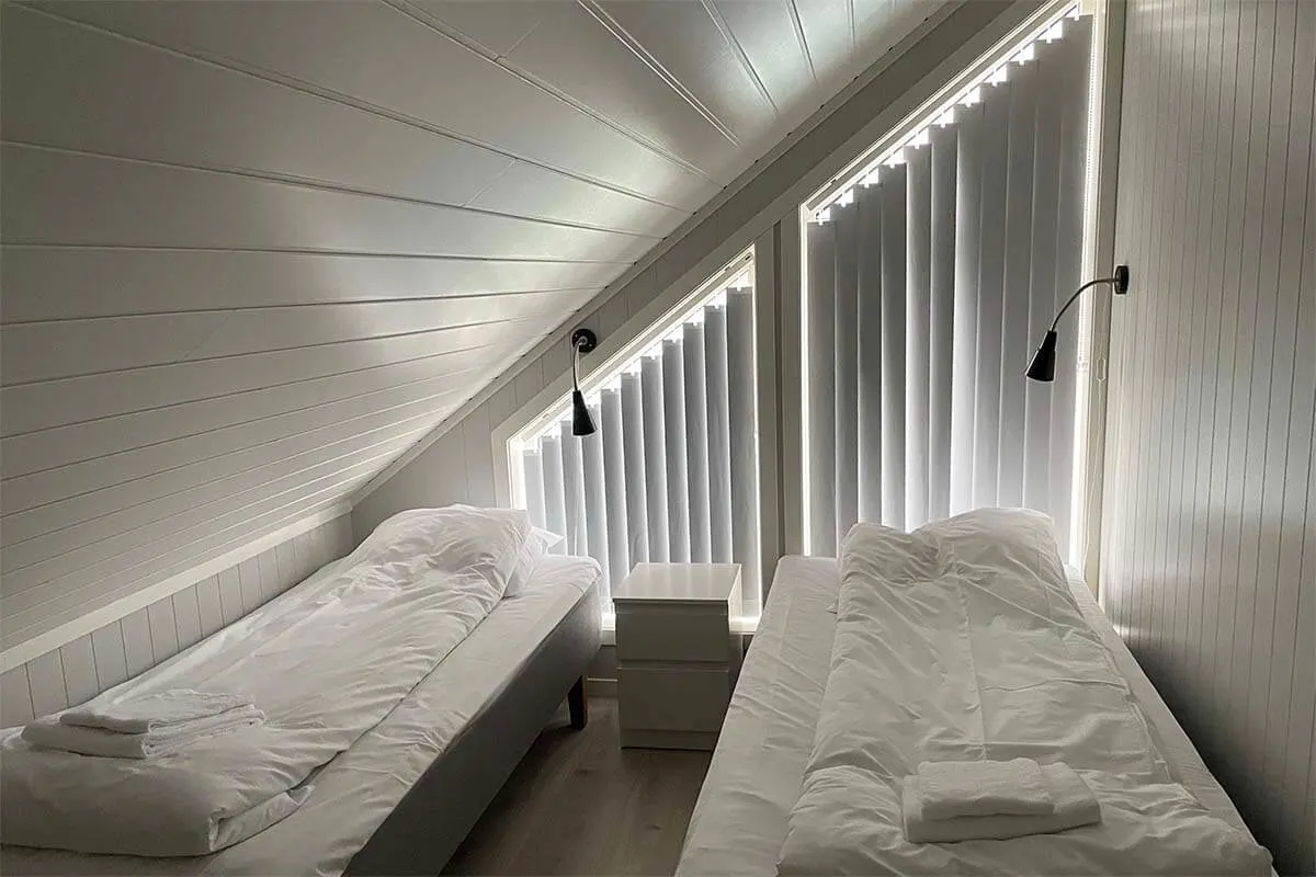 Light in the hotel bedroom in Lofoten during midnight sun season in summer
