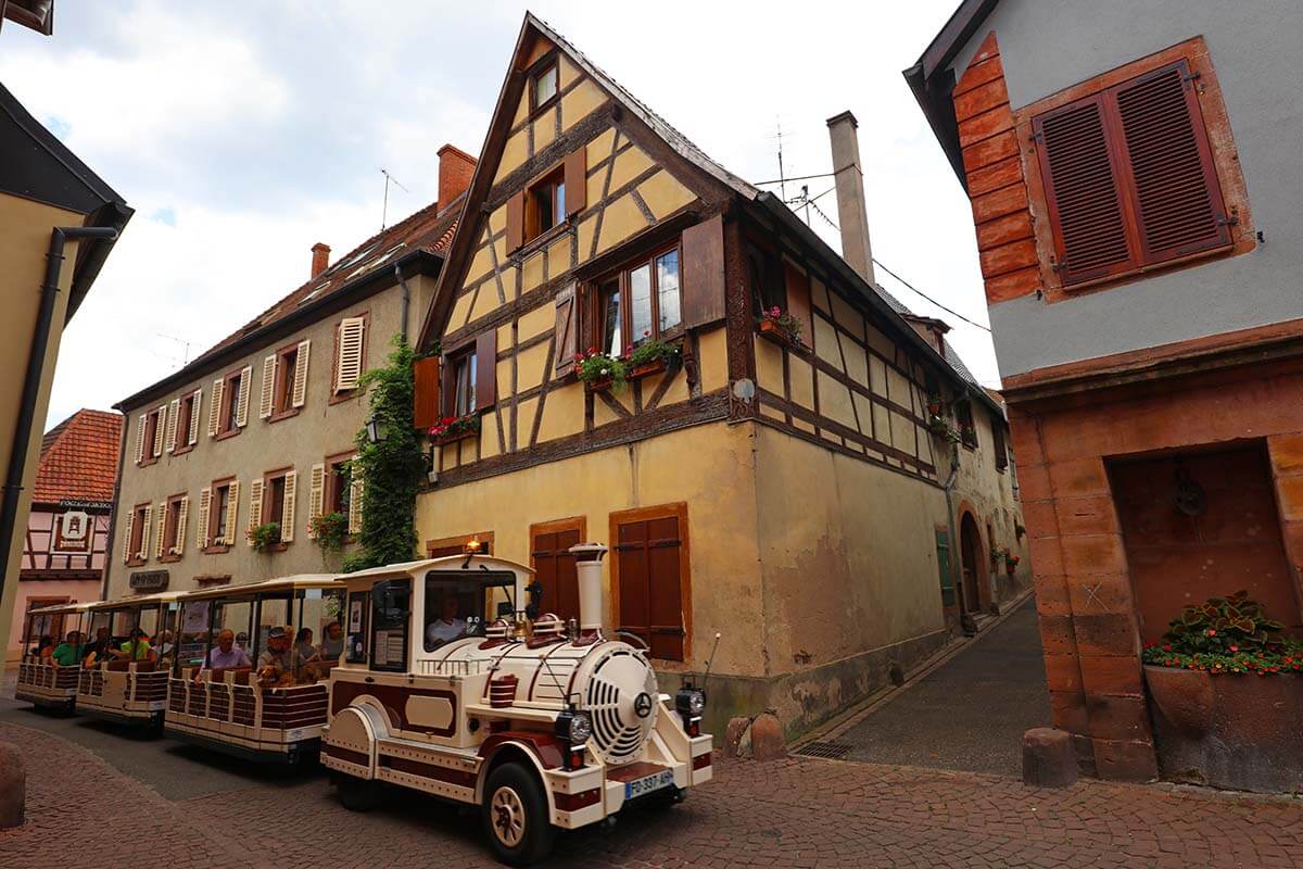 Little tourist train in Ribeauvillé town in Alsace France