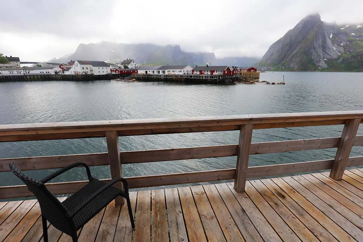 Lofoten cabin view on a rainy day