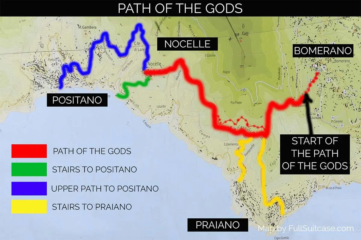 Map of the Path of the Gods Hiking Trails (Sentiero degli Dei)