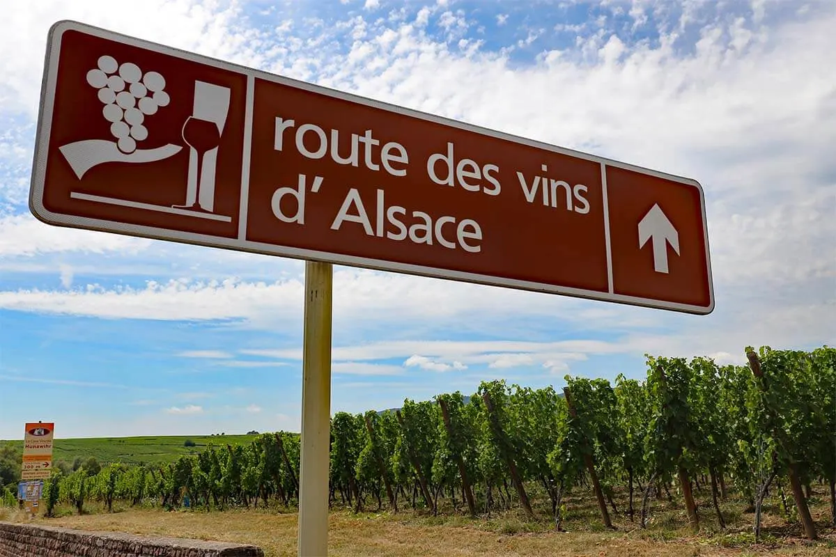 Route des vins d'Alsace road sign on the Alsace wine route in France