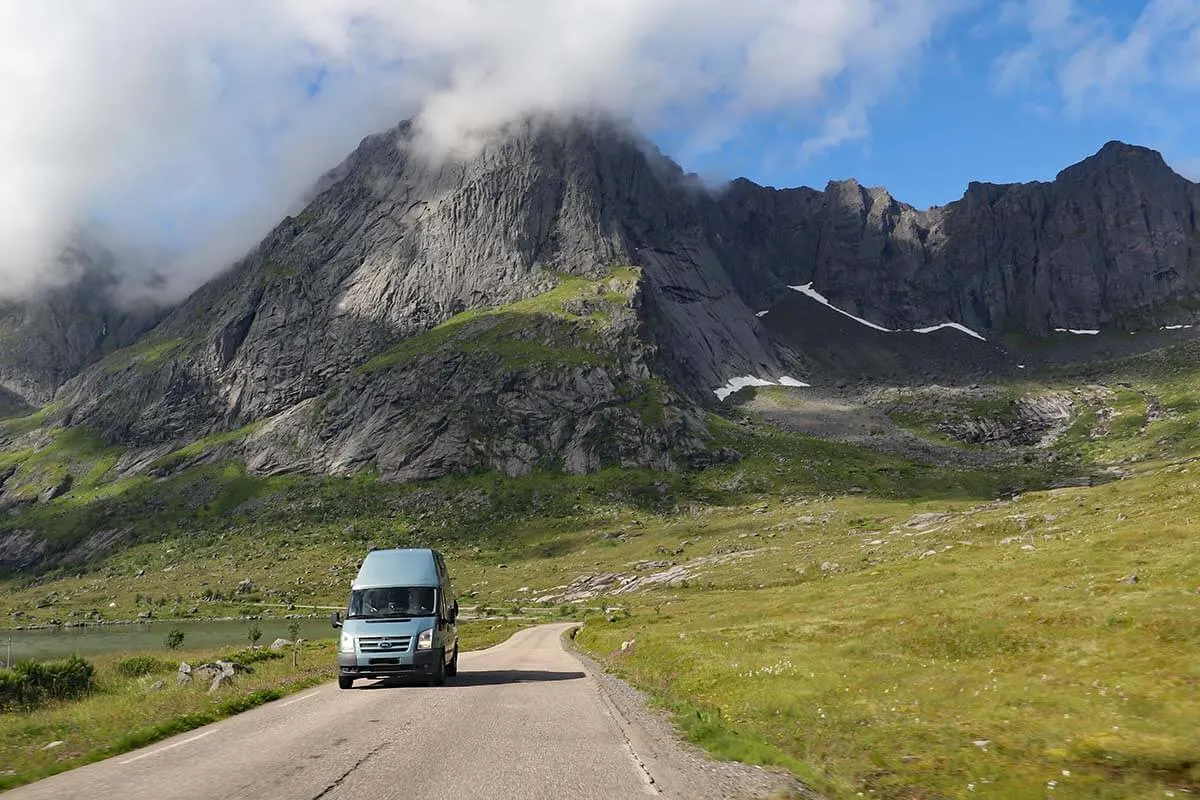 Car driving on a road in Lofoten, Norway