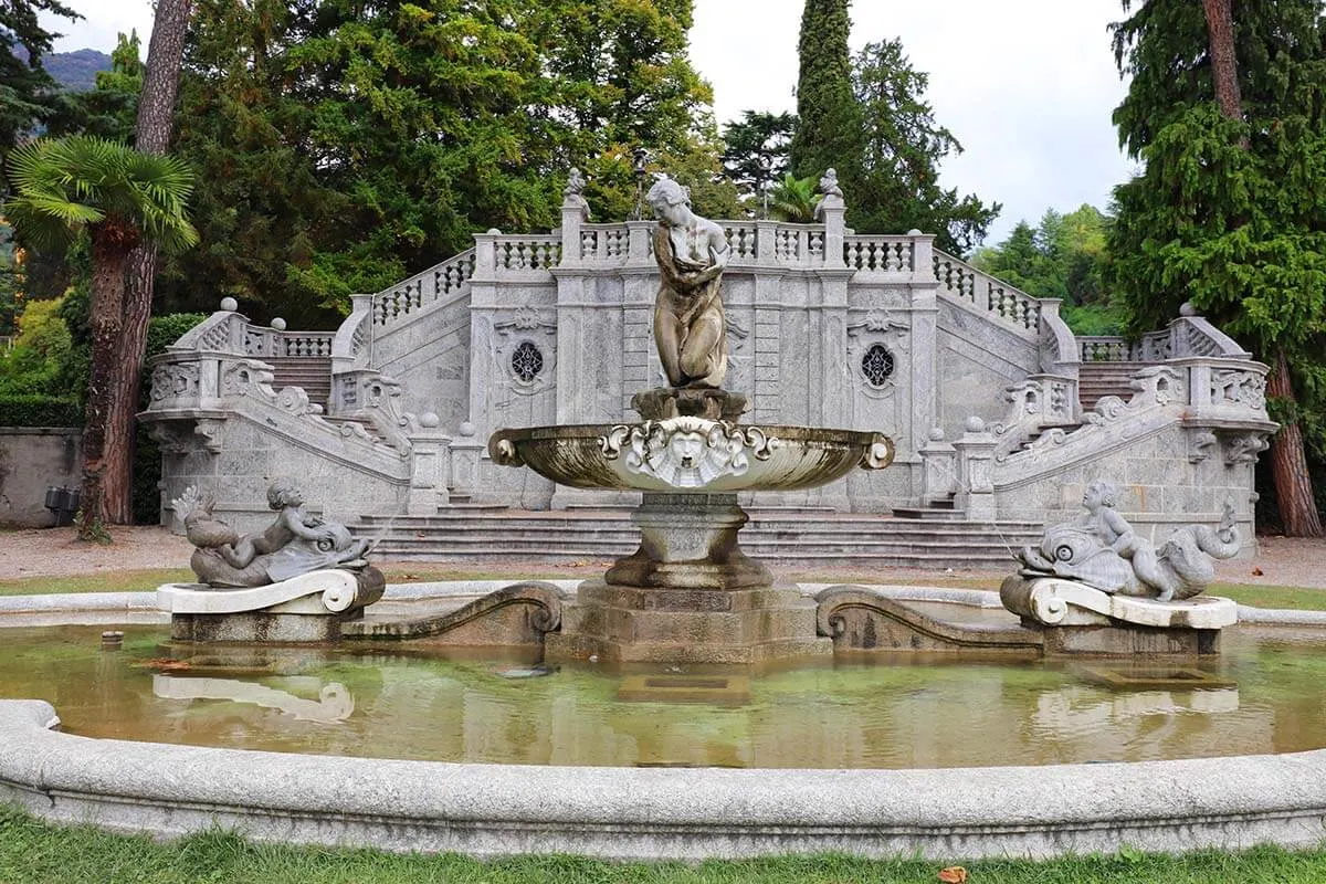 Beautiful fountain in Parco Civico Teresio Olivelli in Tremezzo town on Lake Como, Italy