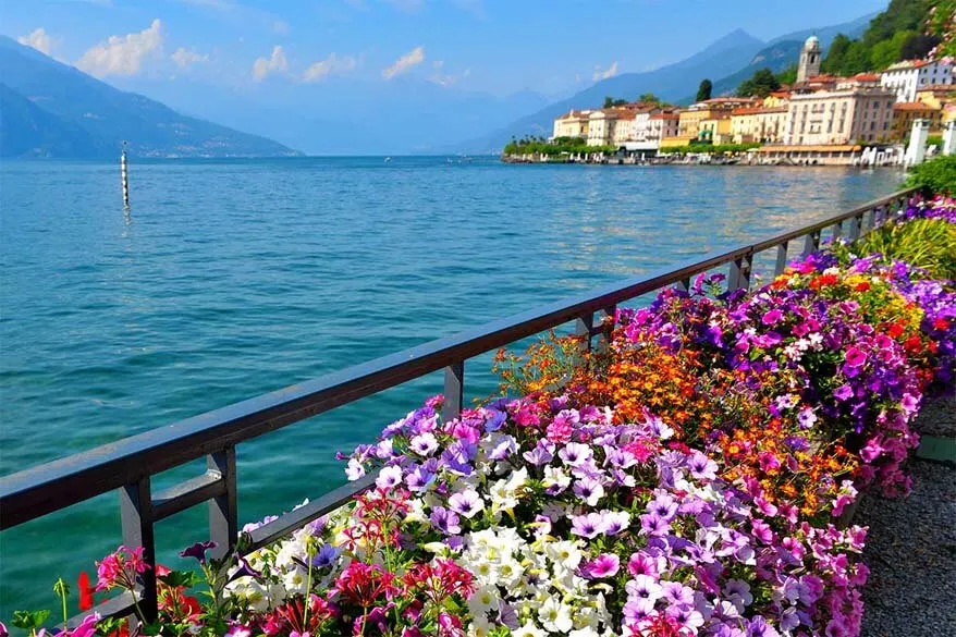 Bellagio waterfront with beautiful flowers in the summer