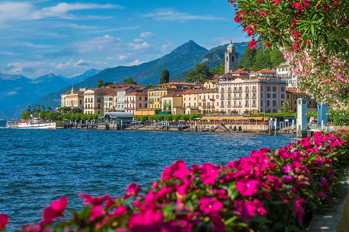Flowers and Bellagio town Lake Como Italy