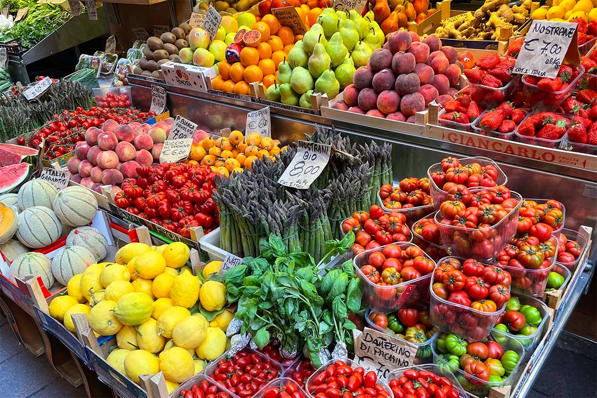 Fruit and vegetables for sale in Quadrilatero area in Bologna old town
