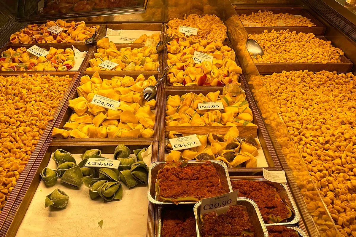 Italian pasta for sale at a food store in Bologna