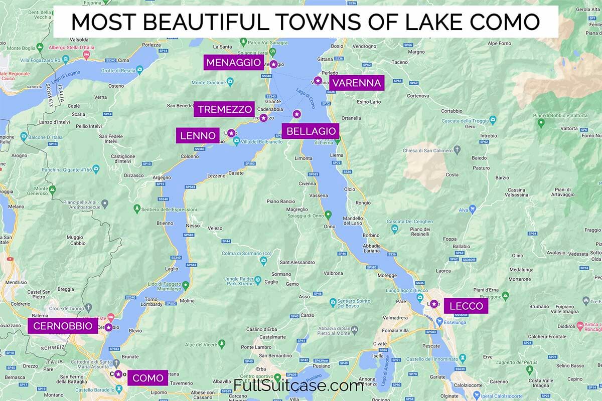 Map of best towns in Lake Como, Italy