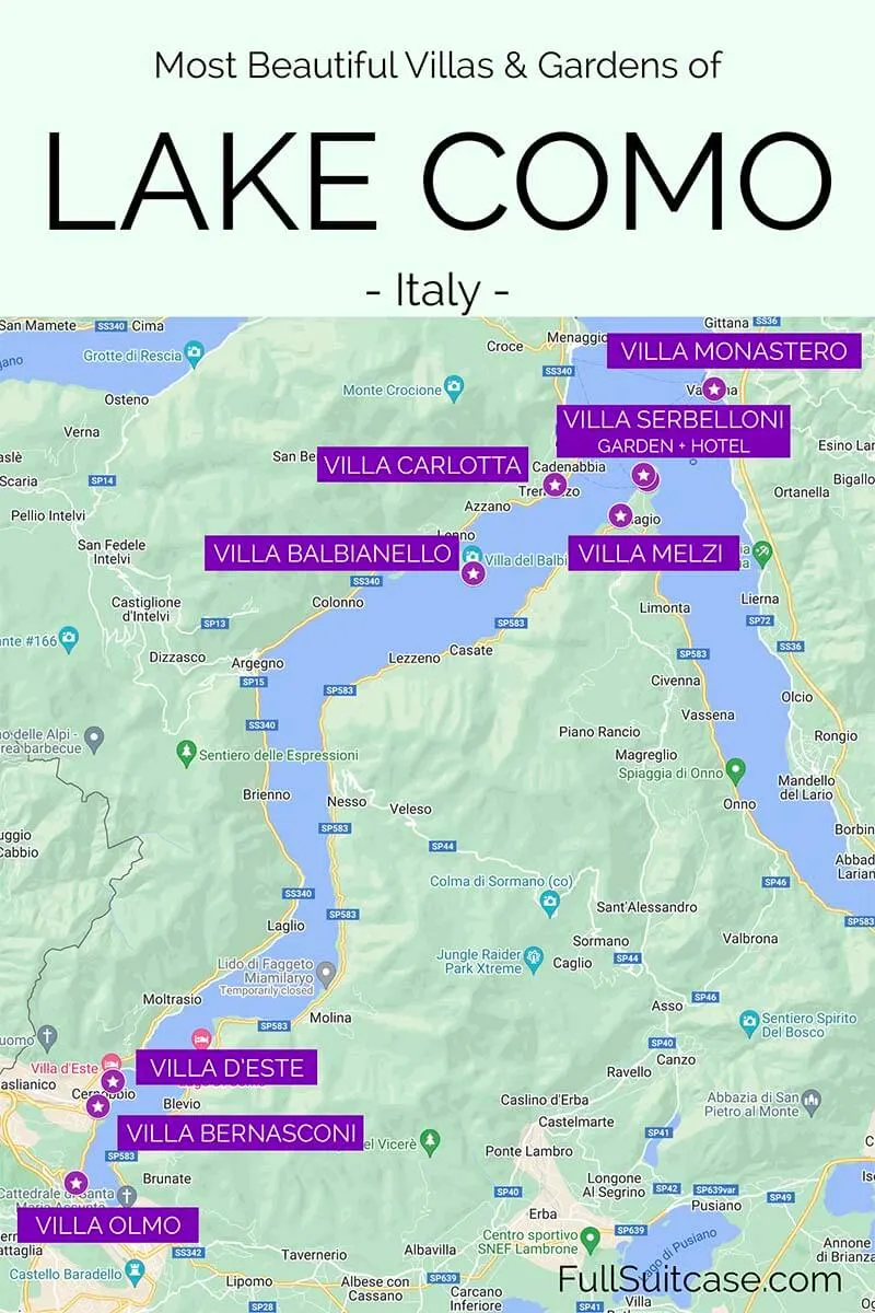 Map of the most beautiful villas and gardens in Lake Como, Italy