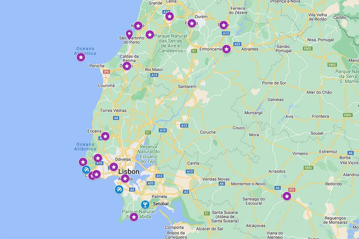 Map of the best places to visit as a day trip from Lisbon, Portugal