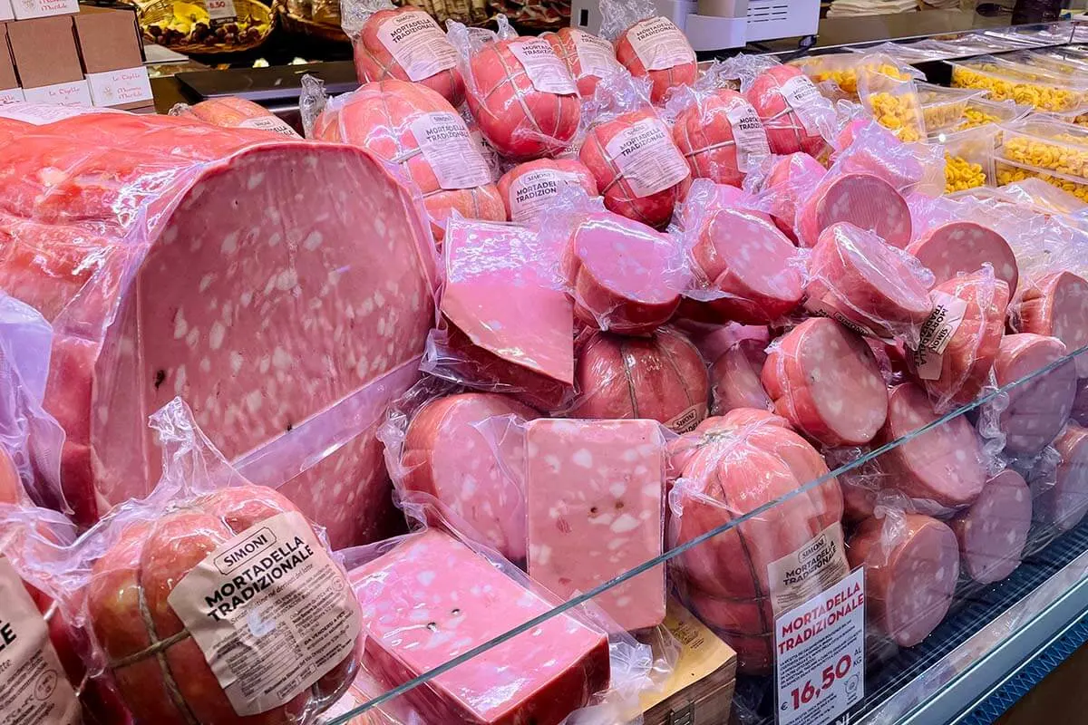 Traditional Mortadella sausage for sale in a food store in Bologna Italy