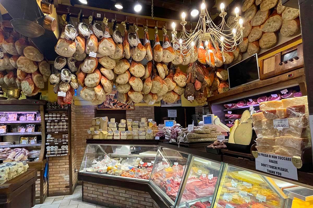 Traditional Parma ham and cheese shop in Bologna, Italy