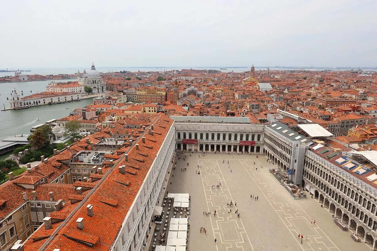 Views from St Mark's Campanile bell tower in Venice