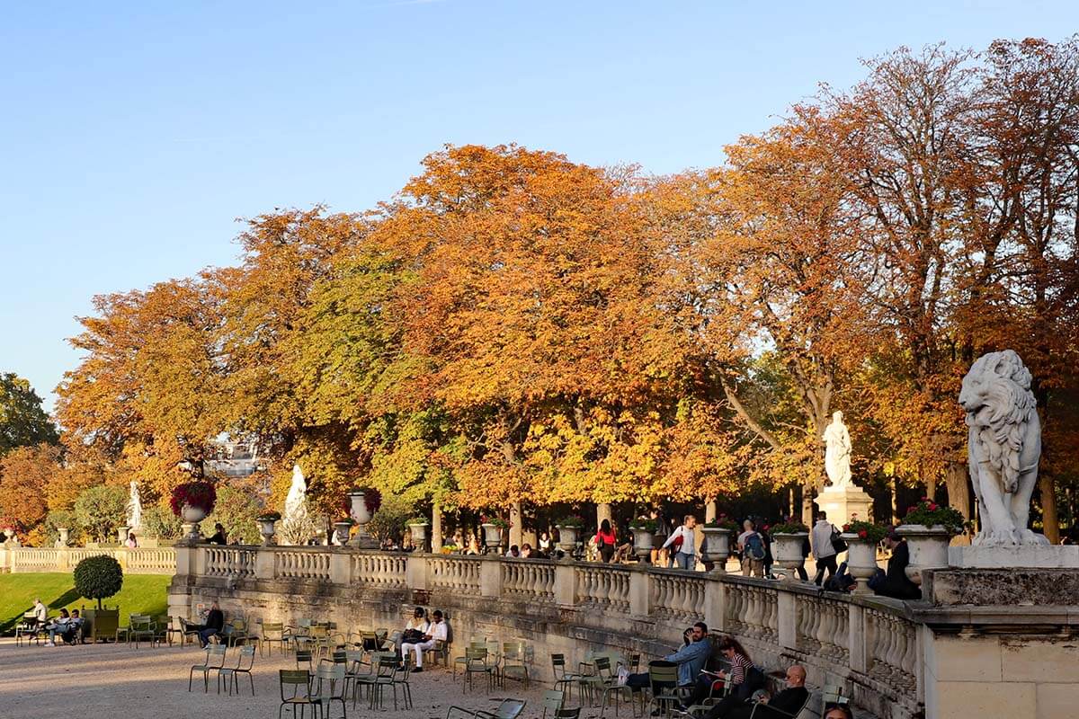 Colorful fall foliage in Luxembourg Gardens in Paris in October