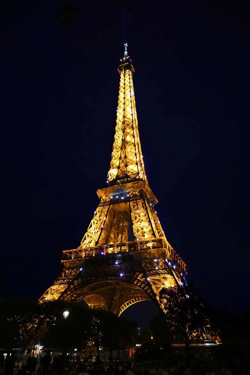 Eiffel Tower lit and sparkling at night