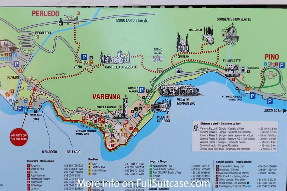 Map of Sentiero del Viandante and other places to see in and near Varenna, Italy