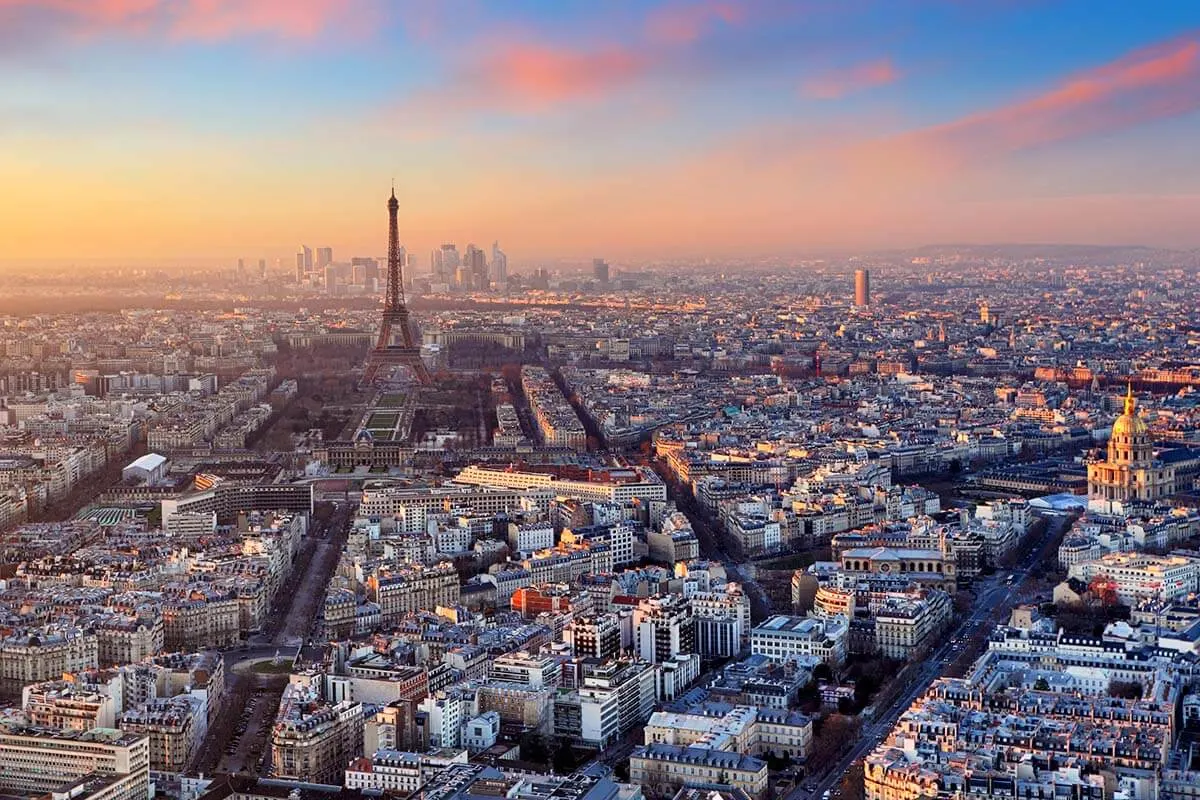 Paris city view from Montparnasse Tower at sunset