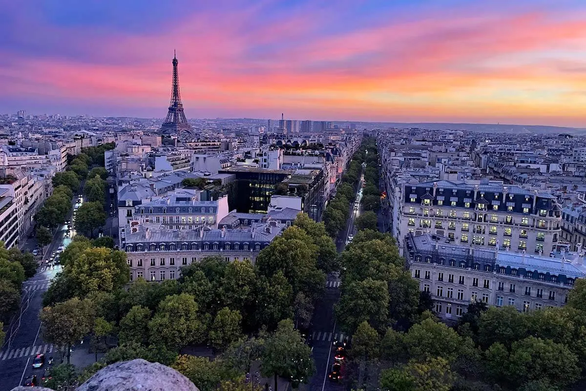 Sunset view of Eiffel tower from Arc de Triomphe - best viewpoint in Paris