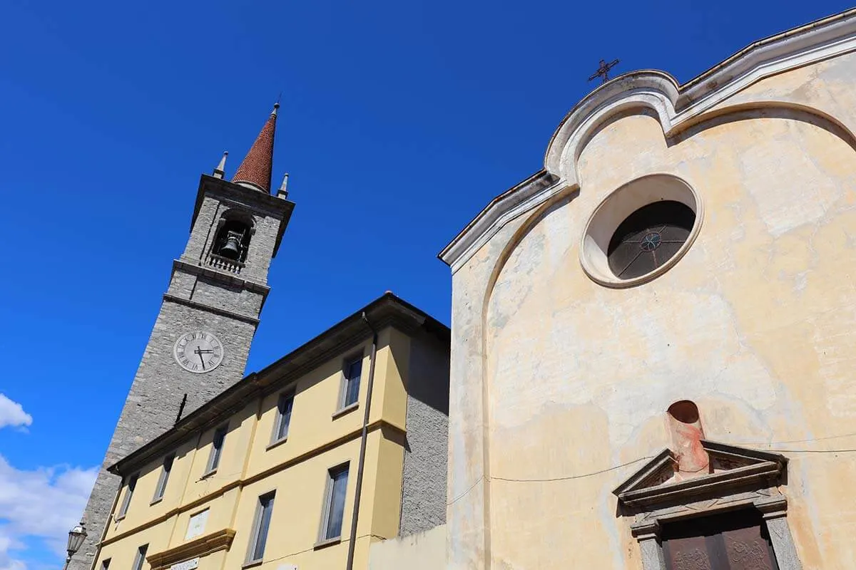 Varenna old town buildings and the bell tower of San Giorgio Church.