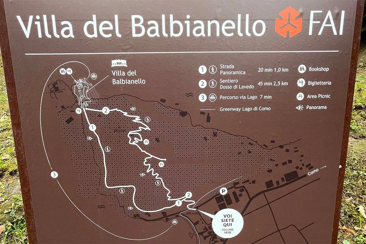 Hiking map showing two trails to get to Villa Balbianello on foot