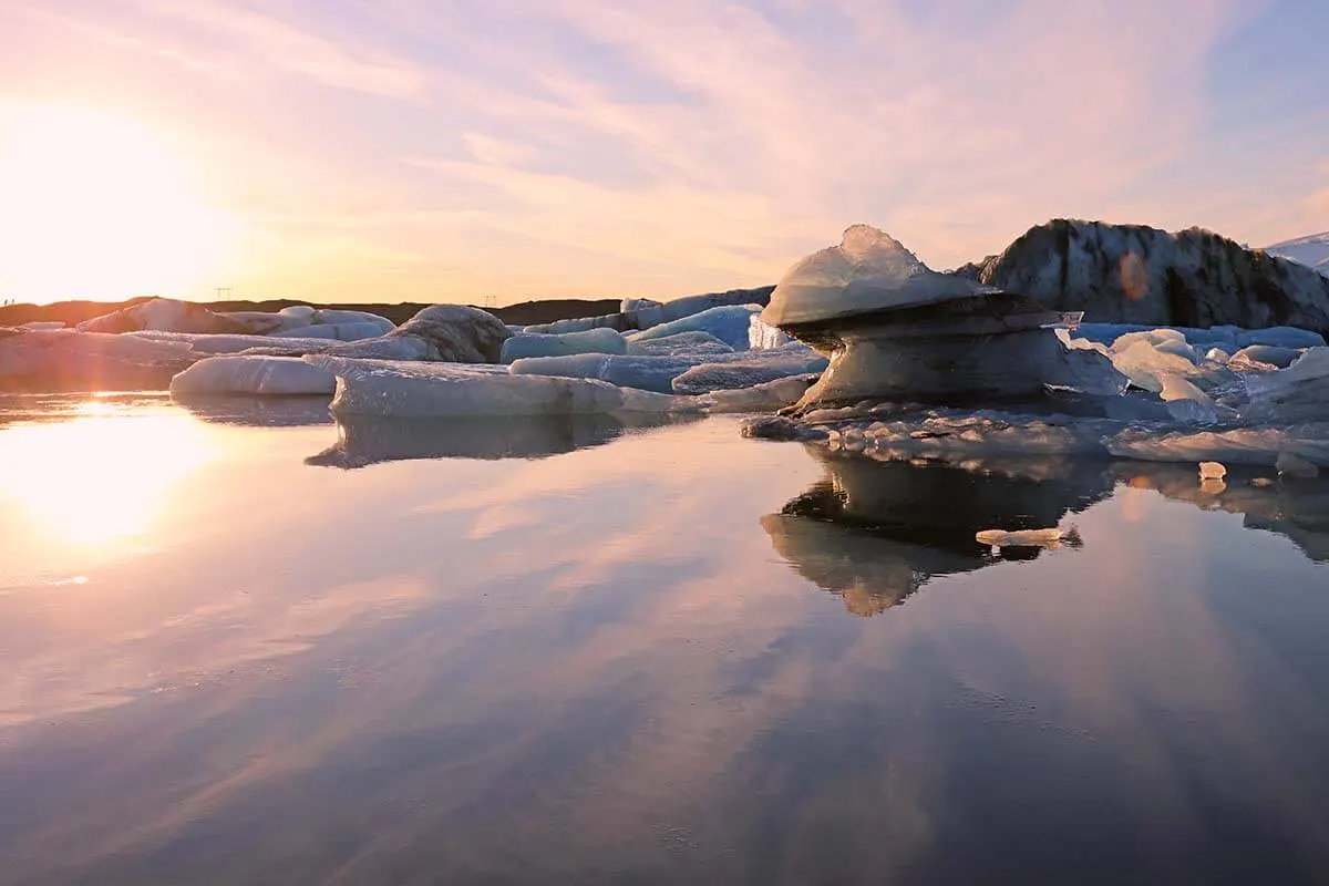 Jokulsarlon Glacier Lagoon at sunrise in winter