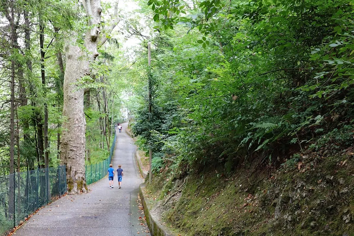 Kids walking on the easy trail to Villa del Balbianello (Lake Como, Italy)