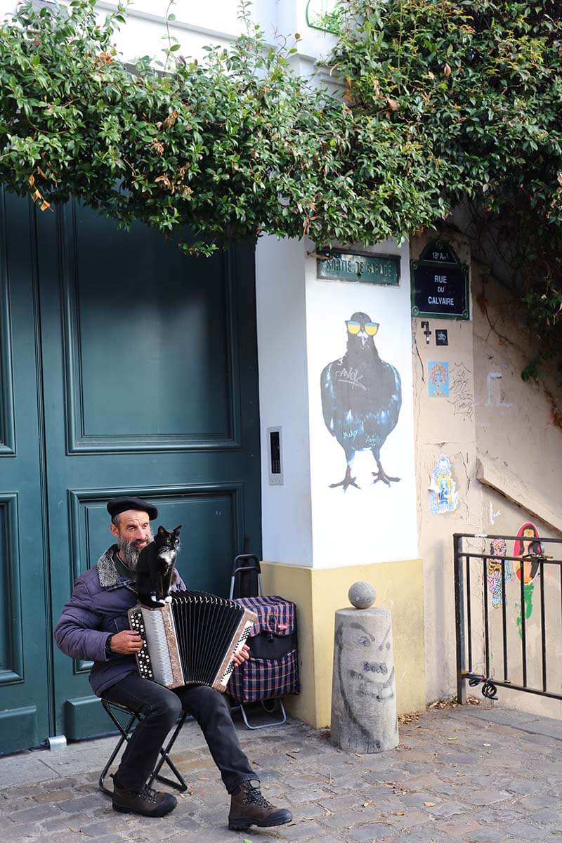 Músico callejero de Montmartre tocando el acordeón con su gato sentado encima