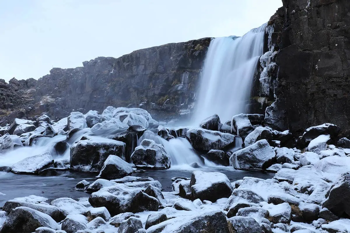 Oxararfoss waterfall in Thingvellir National Park in Iceland in winter