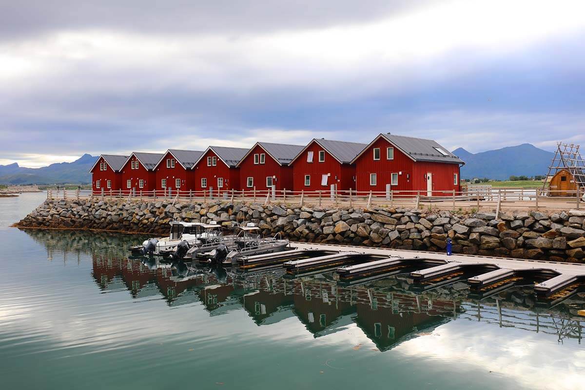Red cabins of Lofoten Basecamp accommodation near Leknes in Lofoten Norway