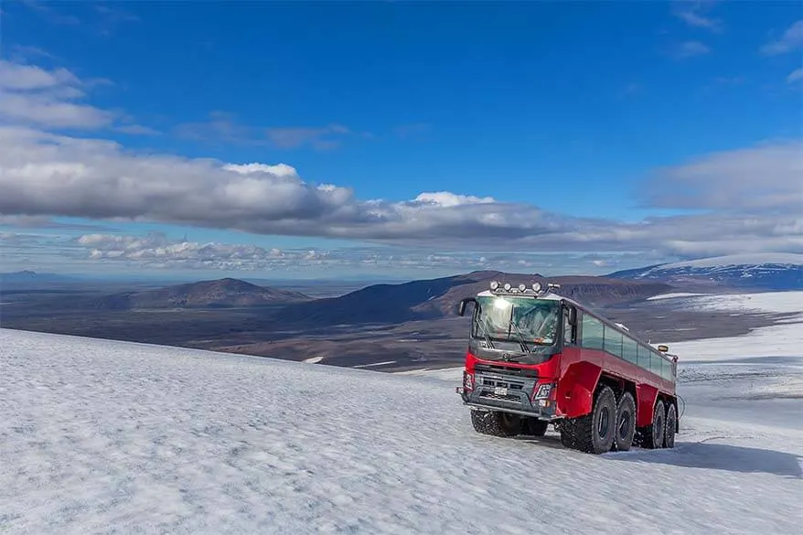 Red glacier truck on Langjokull Glacier in Iceland