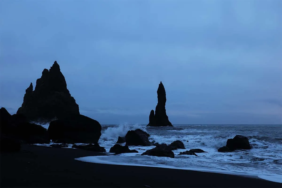 Reynisfjara Beach in Iceland in winter at twilight