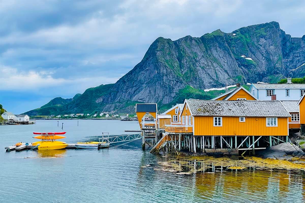 Sakrisoy Rorbuer yellow cabins in Lofoten, Norway
